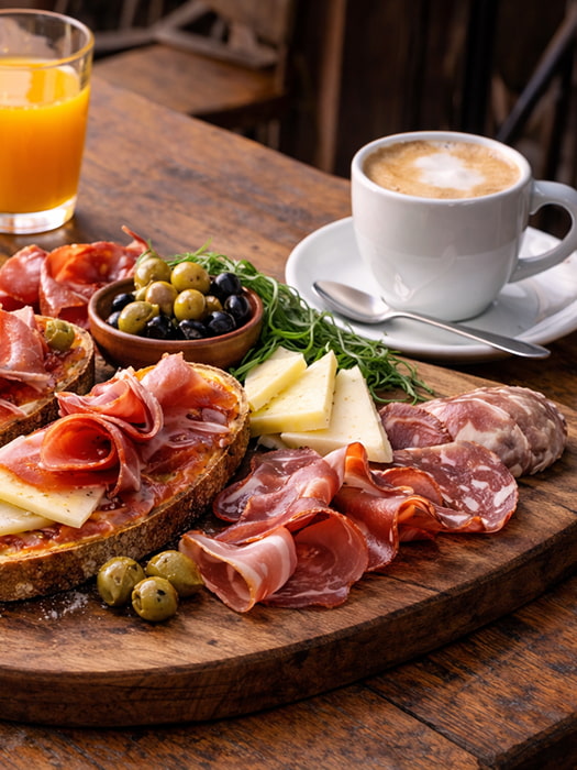 Tabla de embutidos Fonda Can Setmanes Desayuno con café, quesos y embutidos sobre mesa rústica